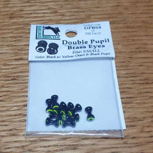Hareline Double Pupil Brass Eyes Black & Chartreuse – 10 Pcs