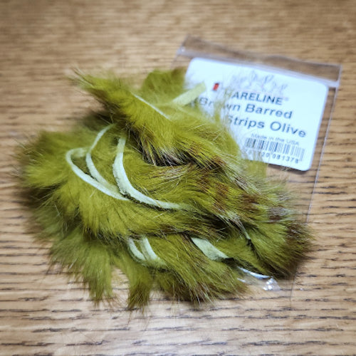 Hareline Brown Barred Rabbit Strips Olive - Troutlore Fly Tying Store Australia