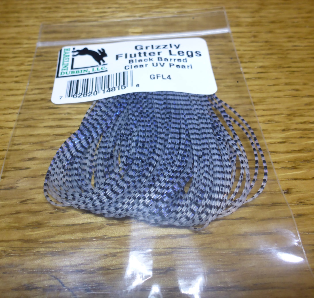 Grizzly Flutter Legs Black Barred Clear UV Pearl - Troutlore Fly Tying Australia