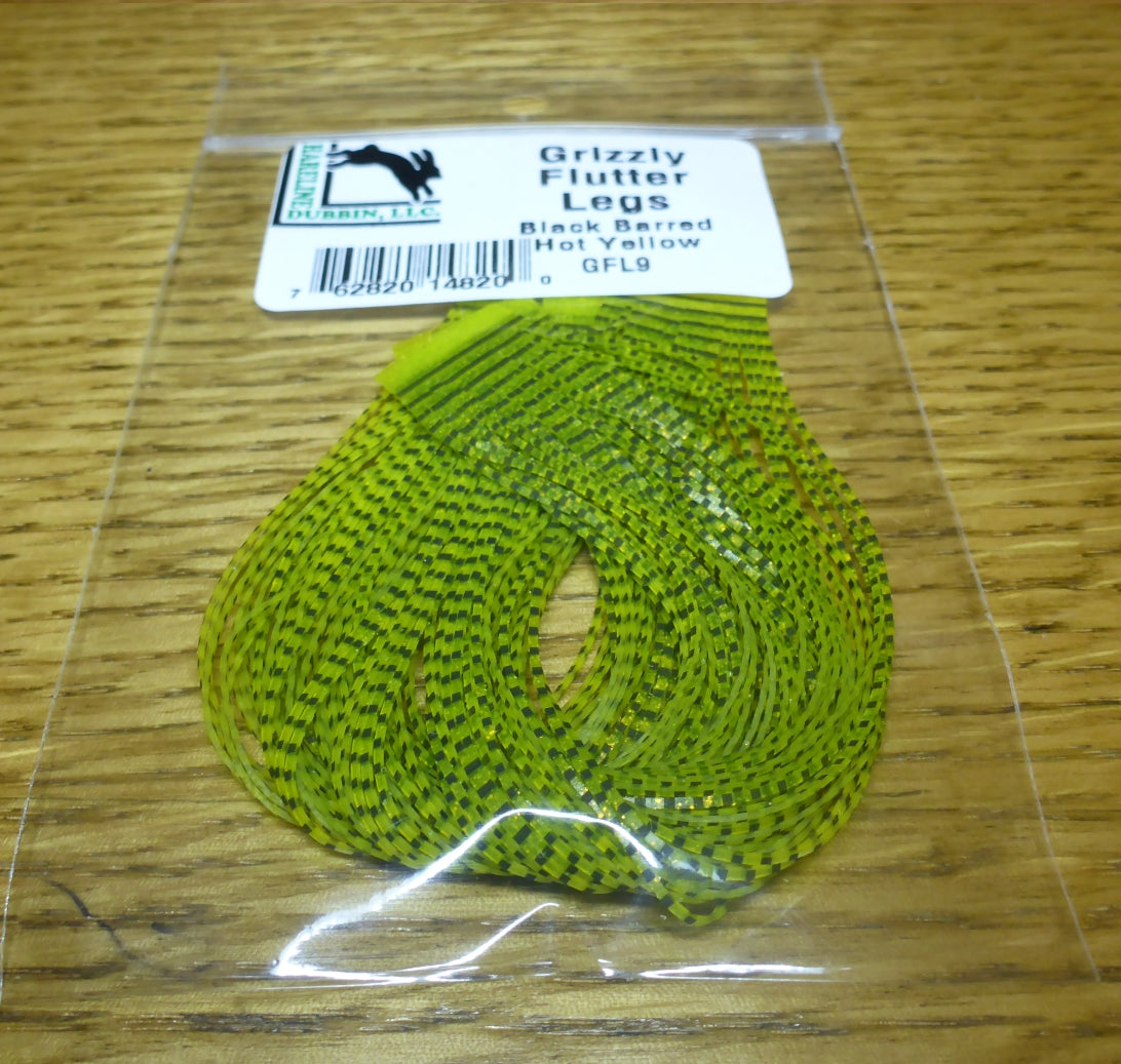 Grizzly Flutter Legs Black Barred Hot Yellow - Troutlore Fly Tying Store Australia