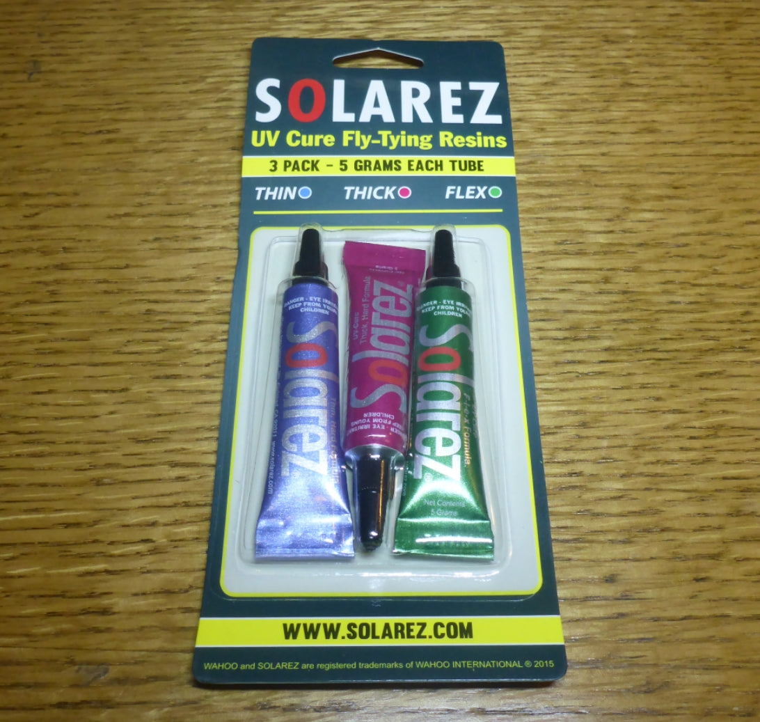 SOLAREZ FLY TIE 3-PACK  UV CURE FLY TYING RESIN AVAILABLE FROM TROUTLORE FLYTYING SUPPLIES AUSTRALIA