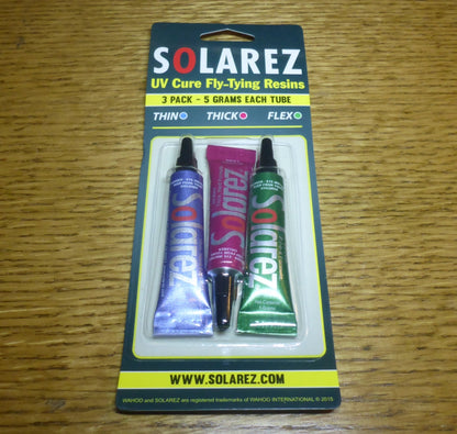 SOLAREZ FLY TIE 3-PACK  UV CURE FLY TYING RESIN AVAILABLE FROM TROUTLORE FLYTYING SUPPLIES AUSTRALIA