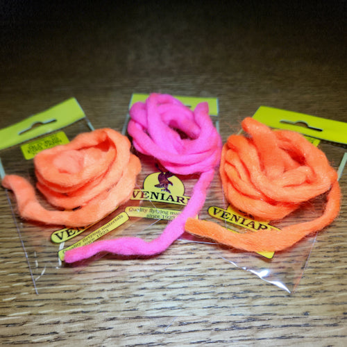 Veniard Glo-Bug Egg Yarn - Fl Fire Orange, Fl Pink, Fl Orange - Troutlore Fly Tying Materials