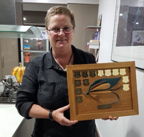Kim with the Latrobe Valley Fly Fishing Club’s fly tying trophy
