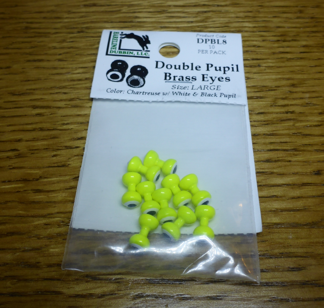 NEW FLY TYING MATERIALS HARELINE DOUBLE PUPIL BRASS EYES CHARTREUSE MEDIUM