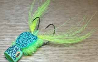 OZZIE NATUE FLIES FROG POPPER DOUBLE HOOK COD SURFACE FLY AVAILABLE AT TROUTLORE FLY TYING STORE IN AUSTRALIA